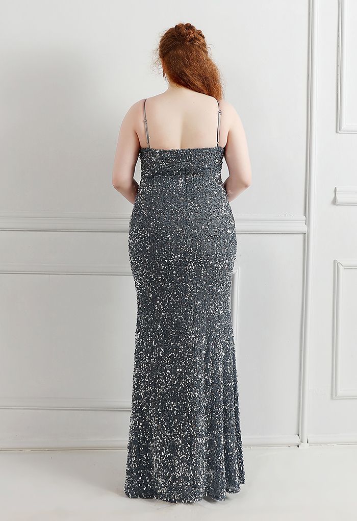 Mesh Inserted Sequined Mermaid Cami Gown in Smoke