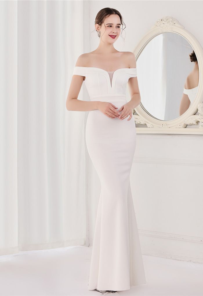Off-Shoulder Mesh Inserted Satin Gown in White