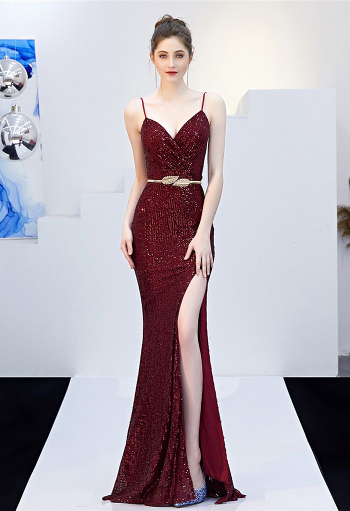 Split Side Sequined Wrap Cami Gown in Burgundy