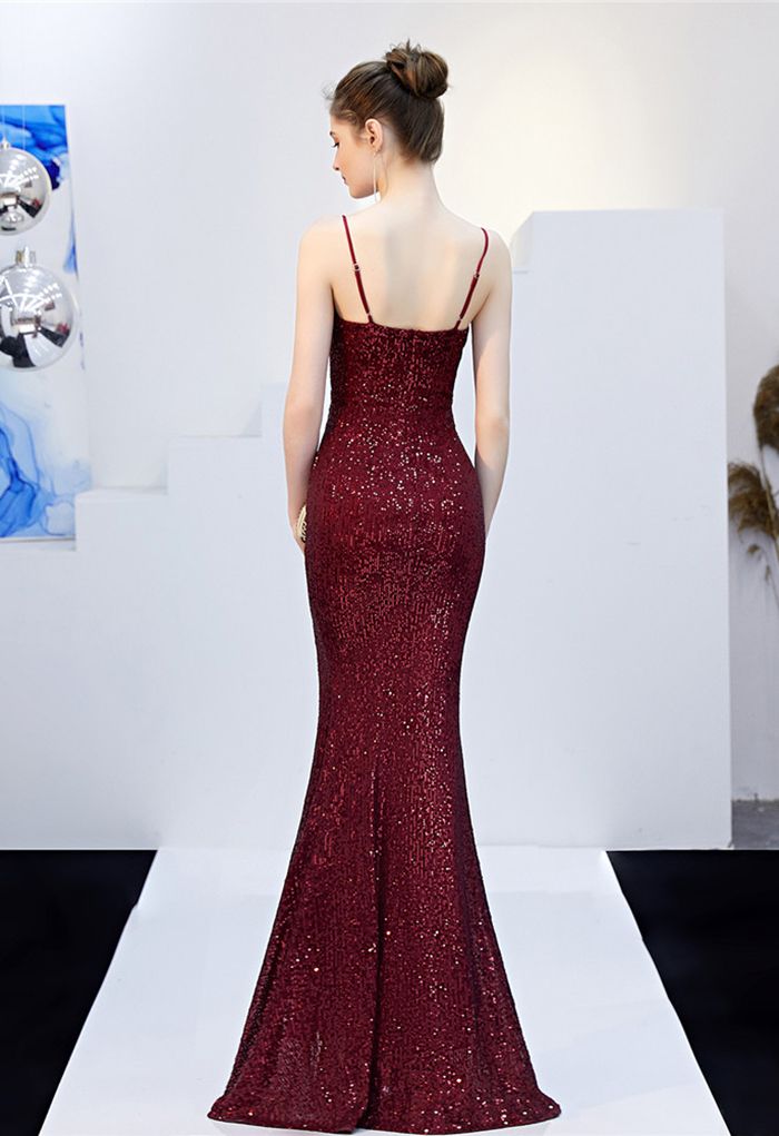 Split Side Sequined Wrap Cami Gown in Burgundy