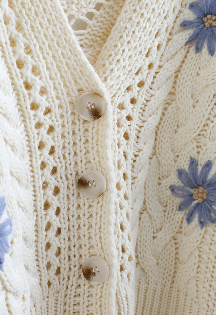 Stitched Flowers Braided Hand Knit Cardigan in Cream