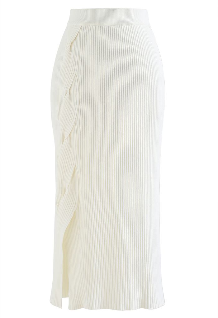 Side Twist Knitted Pencil Skirt in White