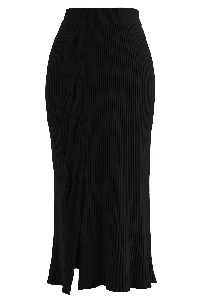 Side Twist Knitted Pencil Skirt in Black