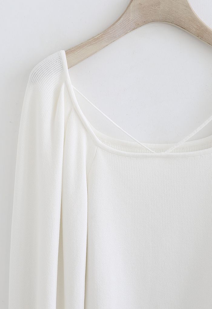 Cutout V-Neck Puff Sleeves Crop Knit Top in White