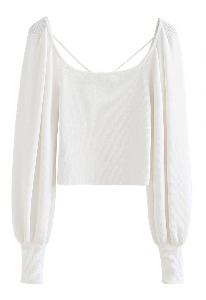 Cutout V-Neck Puff Sleeves Crop Knit Top in White