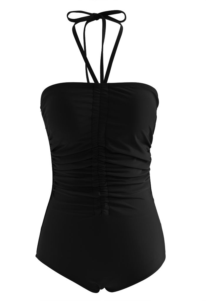 Halter Neck Ruched Front Swimsuit in Black
