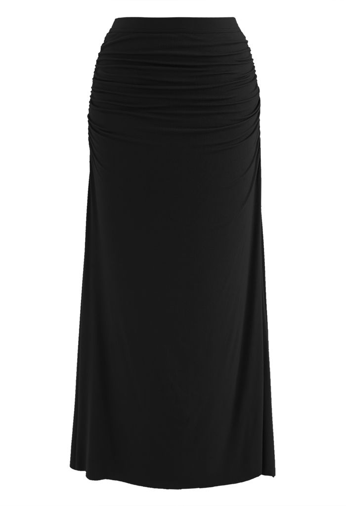 High Waist Ruched Detail Maxi Skirt in Black - Retro, Indie and Unique ...