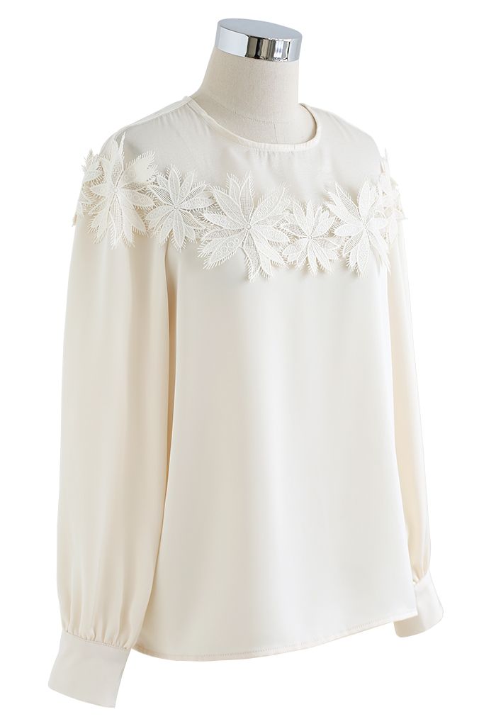 Floral Crochet Spliced Satin Shirt in Cream