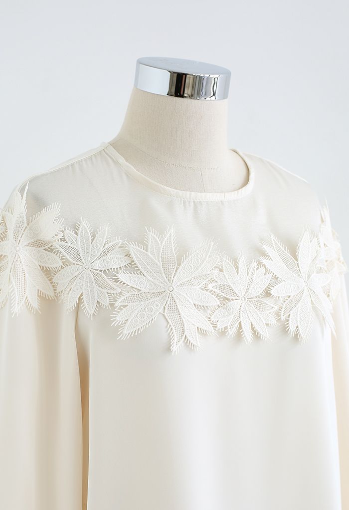 Floral Crochet Spliced Satin Shirt in Cream