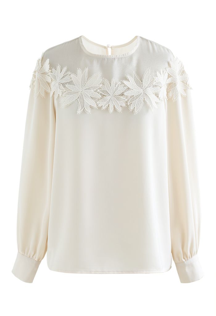 Floral Crochet Spliced Satin Shirt in Cream