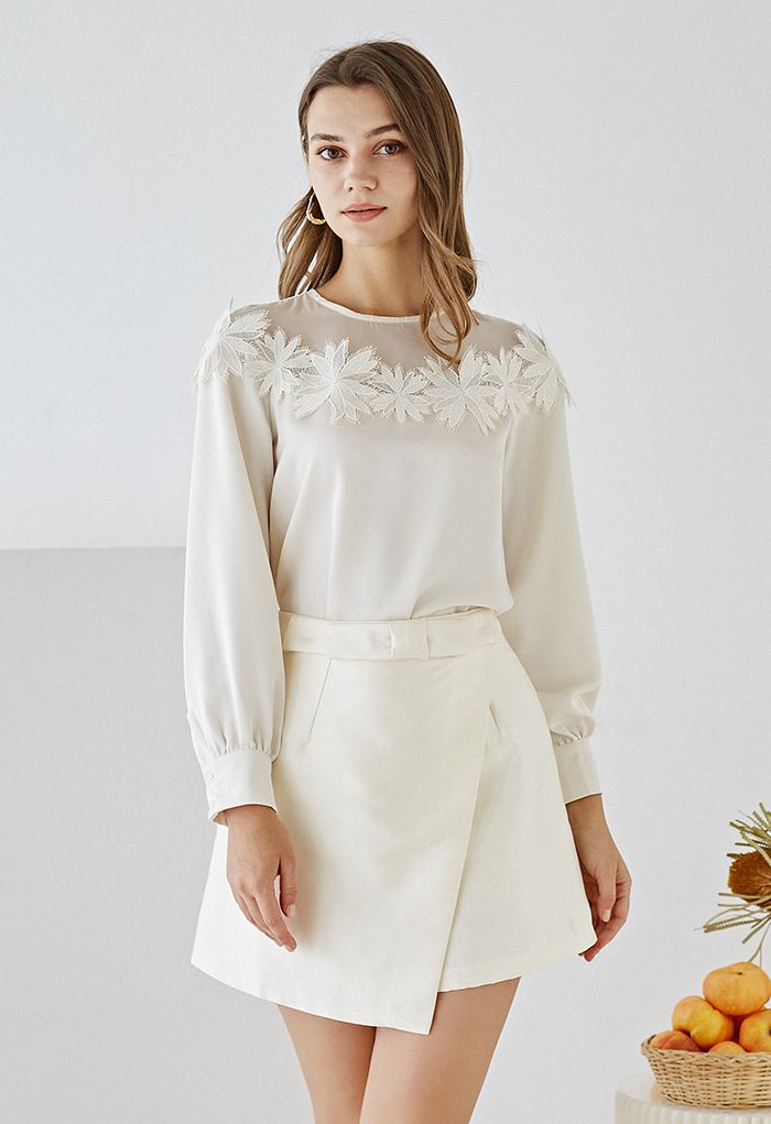 Floral Crochet Spliced Satin Shirt in Cream