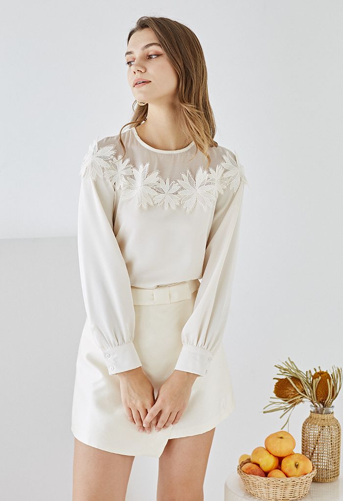 Floral Crochet Spliced Satin Shirt in Cream