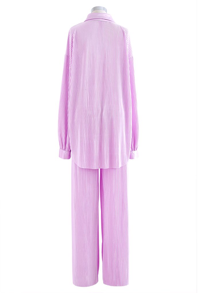 Full Pleated Plisse Shirt and Pants Set in Lilac