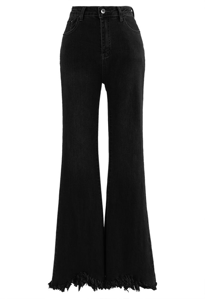 Tassel Hem Classic Pocket Flare Jeans in Black