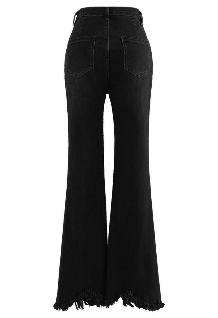 Tassel Hem Classic Pocket Flare Jeans in Black