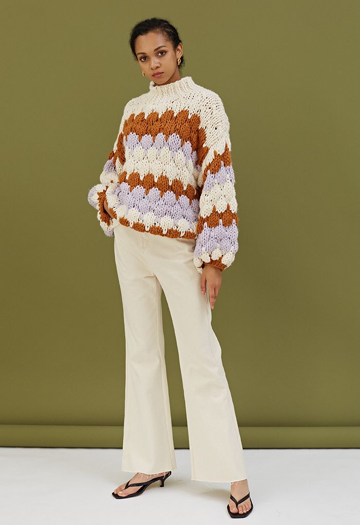 Color Blocked High Neck Hand-Knit Chunky Sweater in Cream