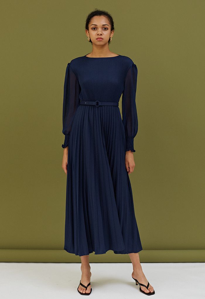 Full Pleated Belted Maxi Dress in Navy