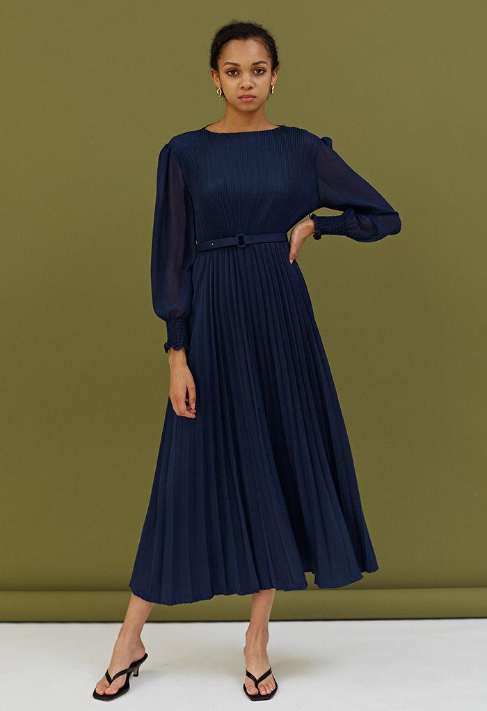 Full Pleated Belted Maxi Dress in Navy