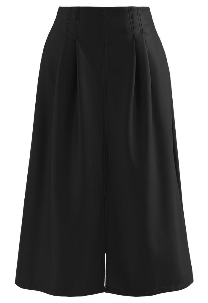 Faux Leather Slit Hem Midi Skirt in Black