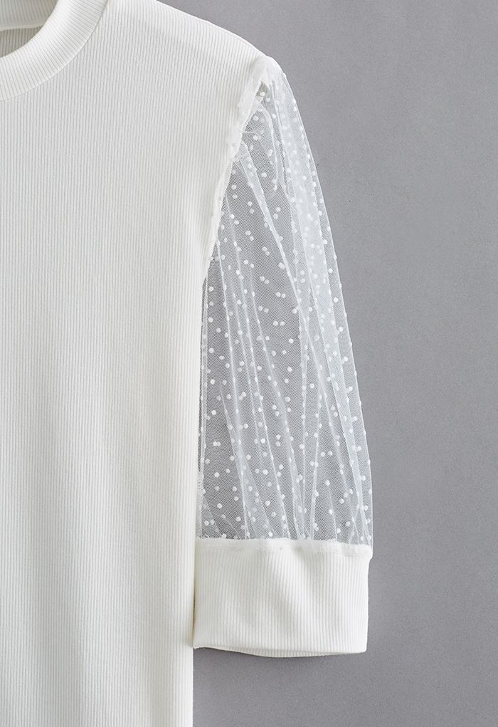 Flock Dots Elbow Sleeves Ribbed Top in White