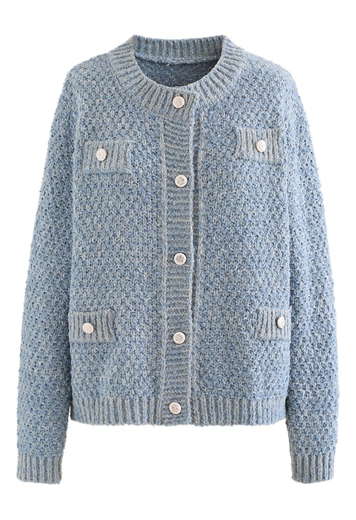 Sequins Trim Mohair Knit Cardigan in Blue