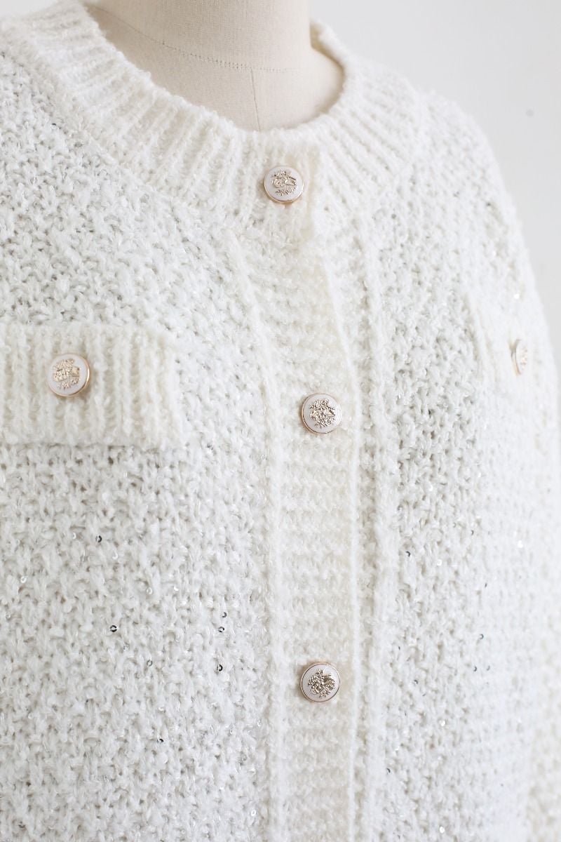 Sequins Trim Mohair Knit Cardigan in White