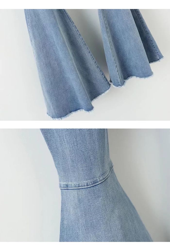 Stretchy Raw Hem Flare Jeans in Light Blue