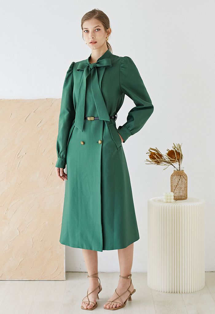 Exquisite Bowknot Double-Breasted Belted Coat in Dark Green