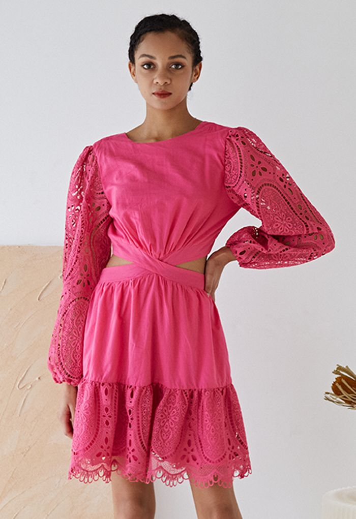 Crochet Bubble Sleeve Cutout Waist Mini Dress in Magenta