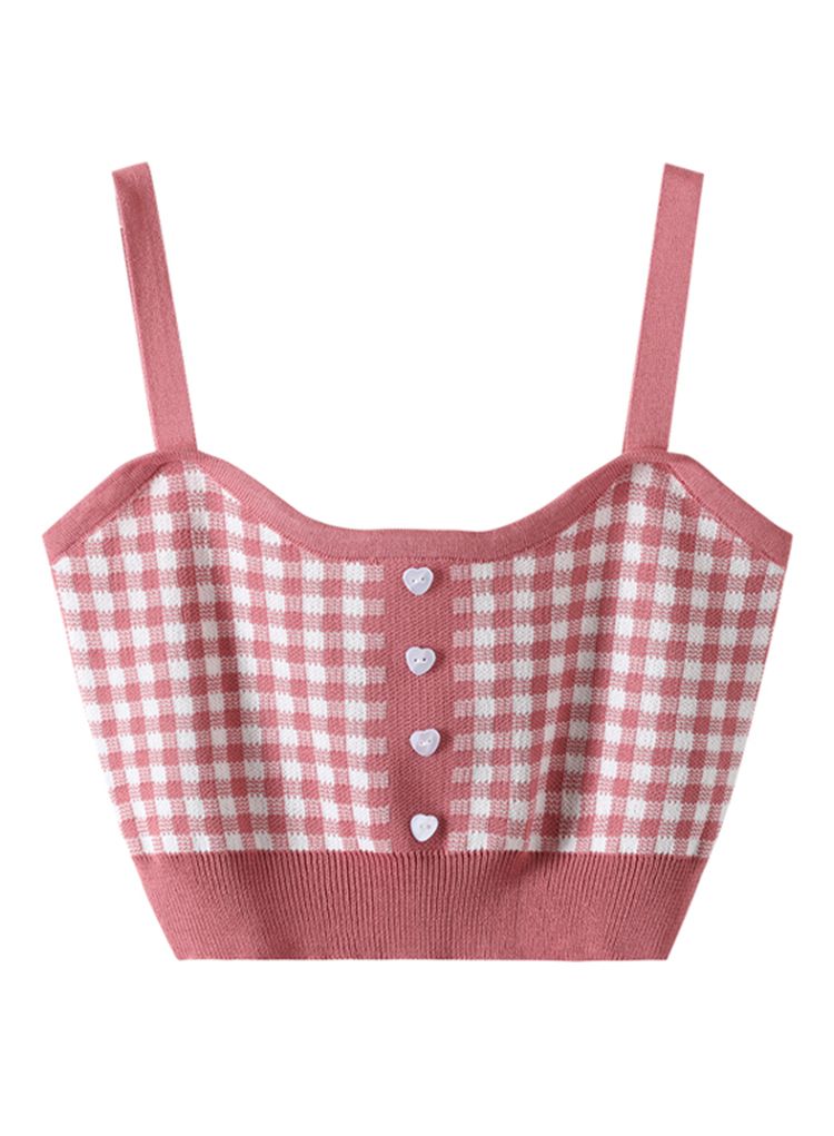 Heart Button Gingham Knit Cami Top in Coral