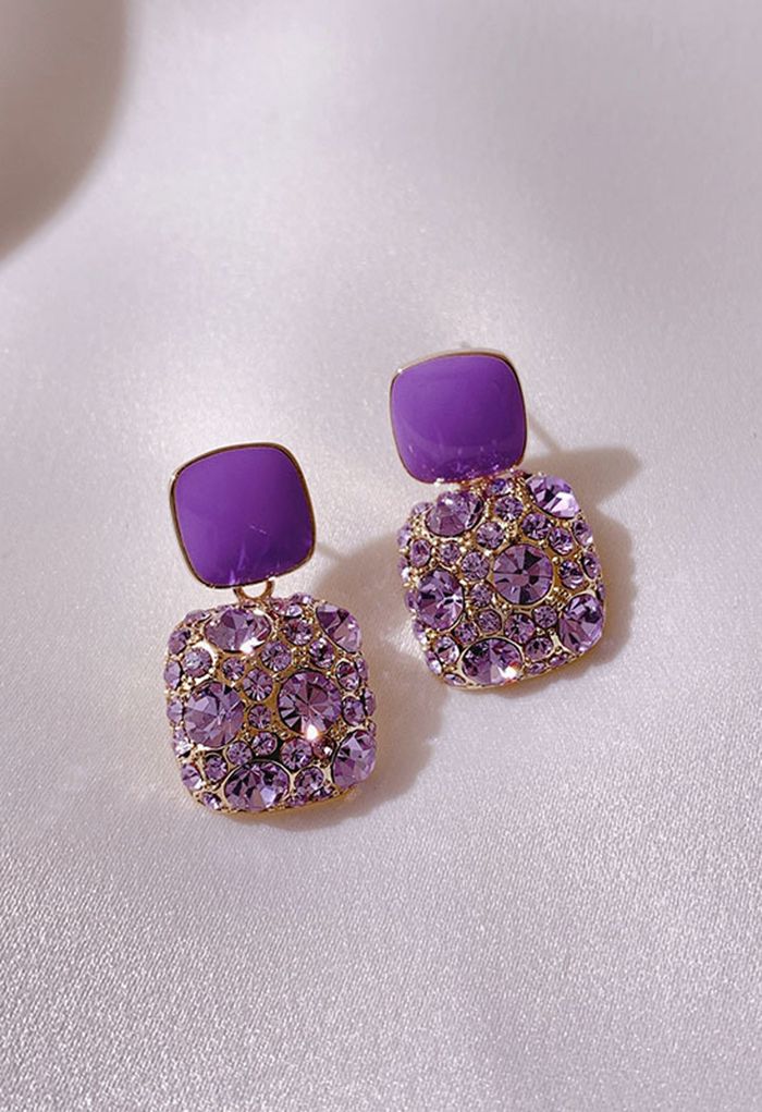 Square Shape Purple Rhinestone Earrings