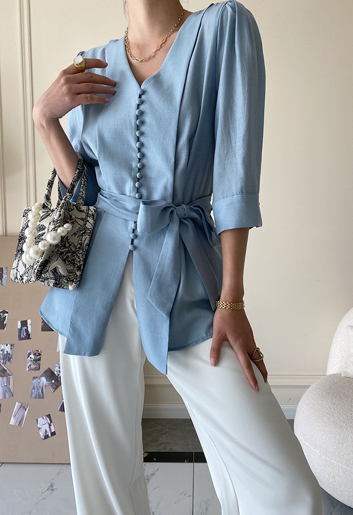 Elbow Sleeve Bowknot Waist Shirt in Blue