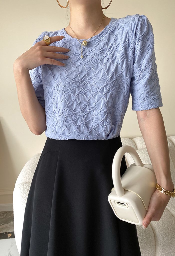 Irregular Texture Puff Shoulder Top in Blue