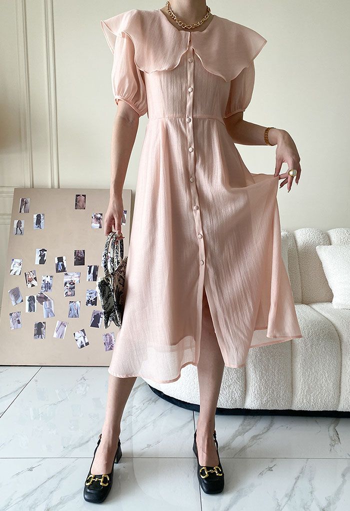 Breezy Ruffle Collar Buttoned Dress in Pink