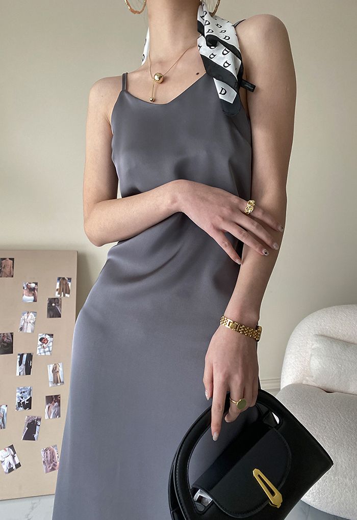 Glossy Satin Cami Dress in Smoke