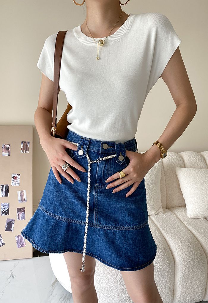 Crew Neck Short Sleeve Knit Top in White