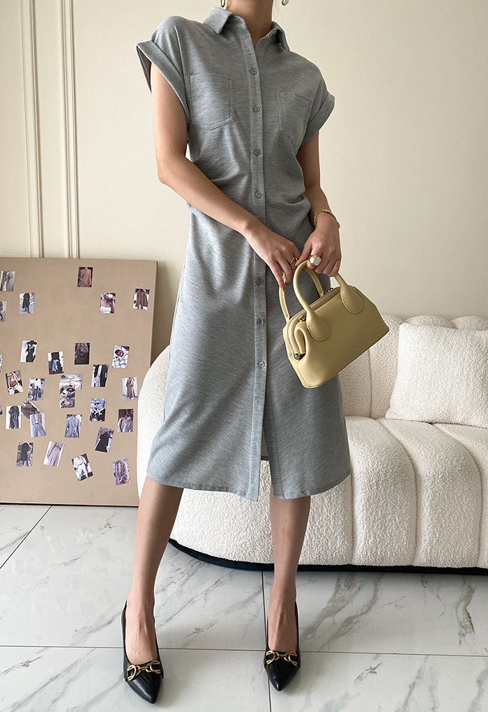 Button Down Ruched Side Polo Dress in Grey