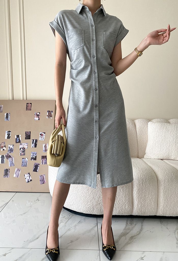 Button Down Ruched Side Polo Dress in Grey