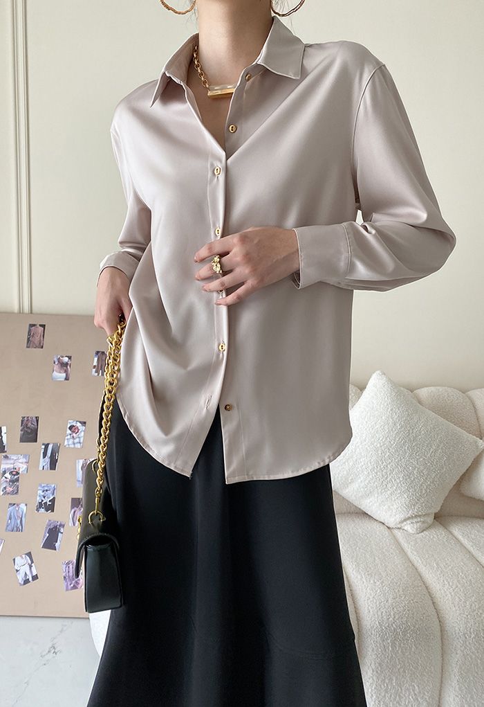 Button Down Satin Shirt in Champagne