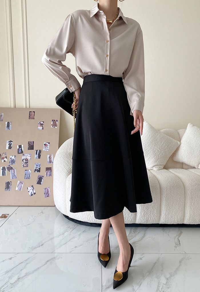 High Waist A-Line Midi Skirt in Black - Retro, Indie and Unique