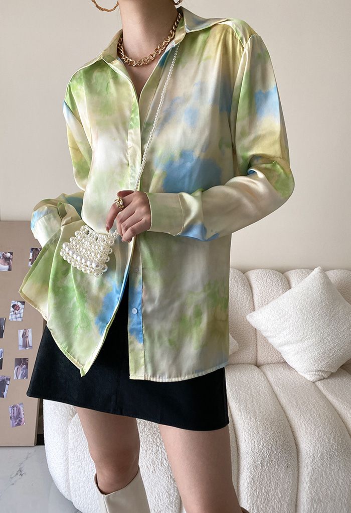 Tie-Dye Button Down Satin Shirt