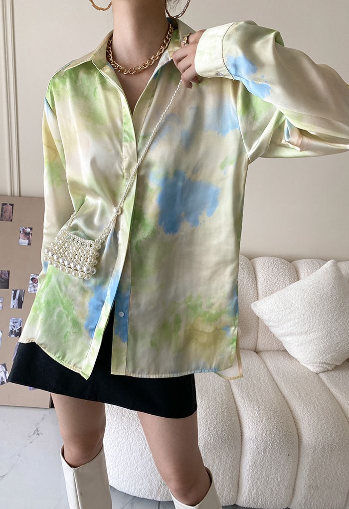 Tie-Dye Button Down Satin Shirt