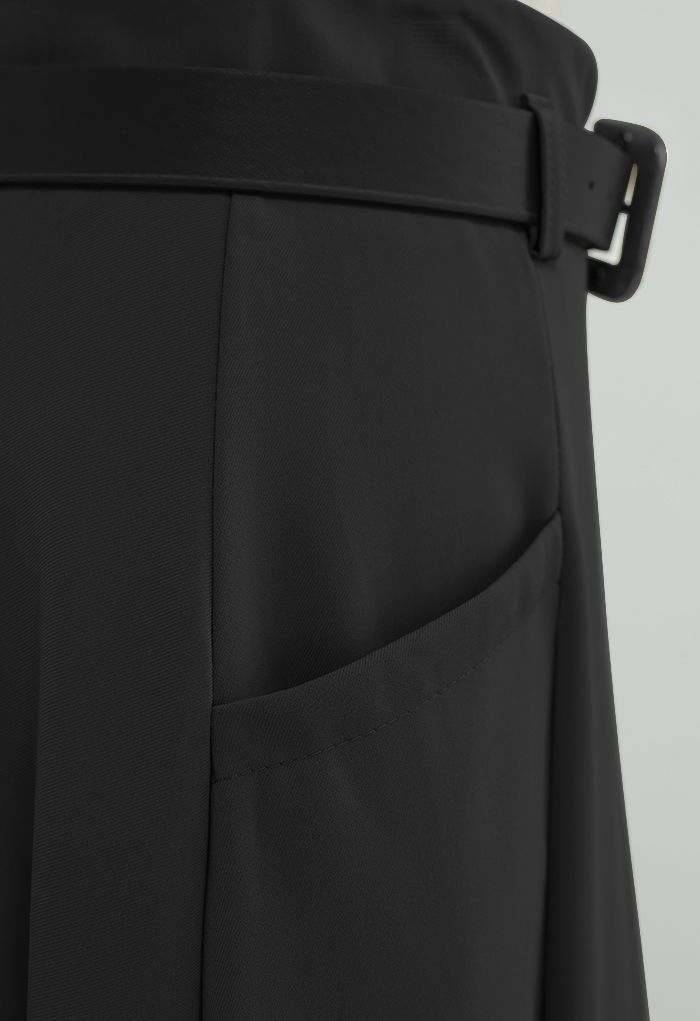 Front Pockets Belted Midi Skirt in Black