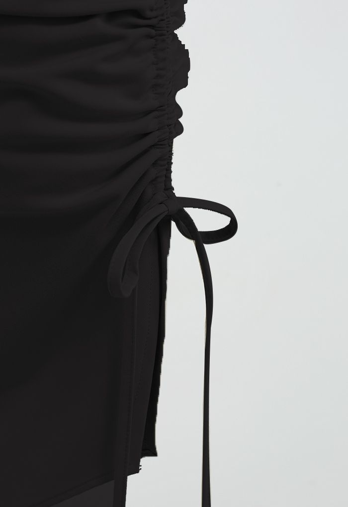 Ruched Drawstring Slit Hem Cami Dress in Black
