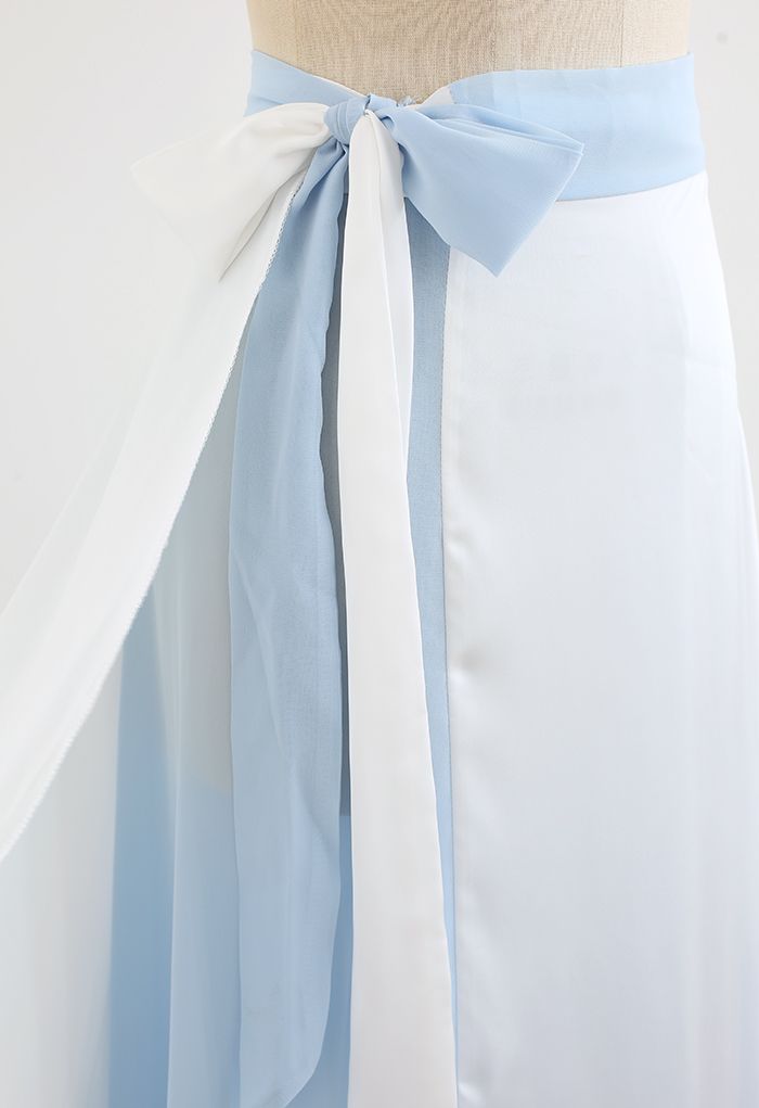 Tie-Waist Spliced Wrap Maxi Skirt in Baby Blue