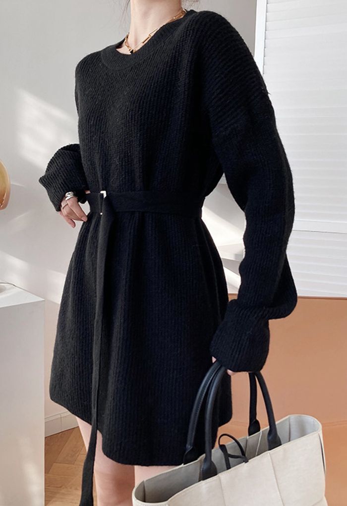 Belted Ribbed Longline Sweater in Black