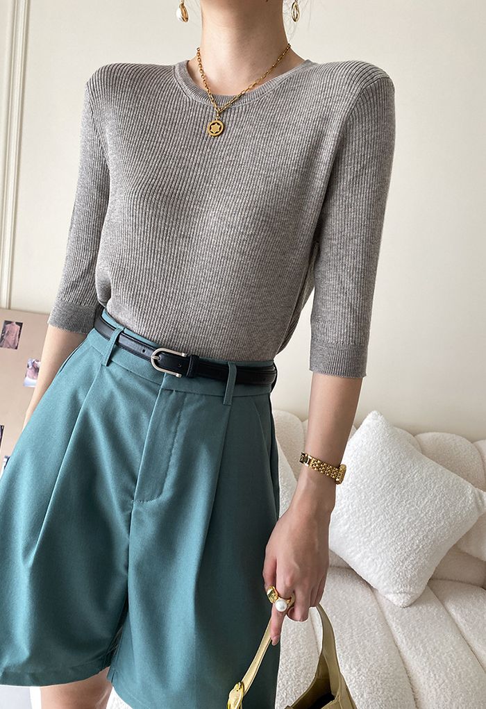 Round Neck Elbow Sleeve Knit Top in Grey