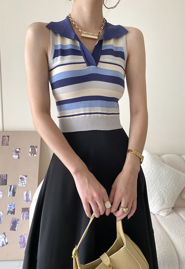 Contrast Stripe Knit Crop Top in Blue