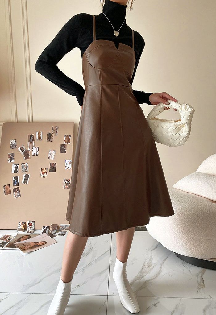 PU Leather Seam Detailing Cami Dress in Brown