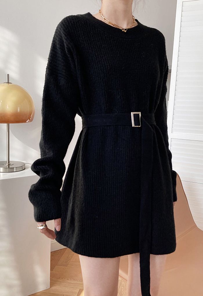 Belted Ribbed Longline Sweater in Black